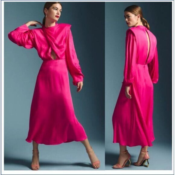 Farm Rio Maxi Dress Cut Out Satin Pink L Shoulder Pad Long-Sleeve Cocktail - Picture 5 of 16
